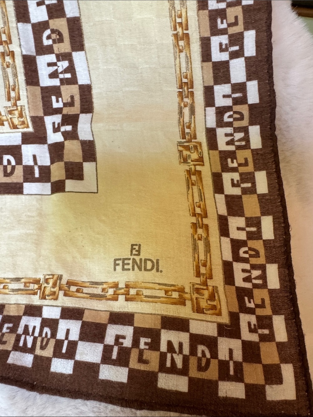 Fendi Brown and Cream Checkerboard Silk Scarf or pocket square